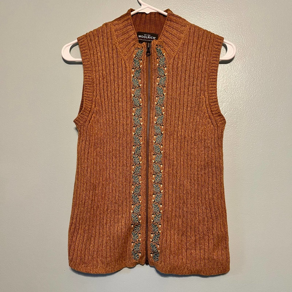 Woolrich Sz Small Embroidered Clove Tan Brown Knit Sweater Sleeveless Full Zip